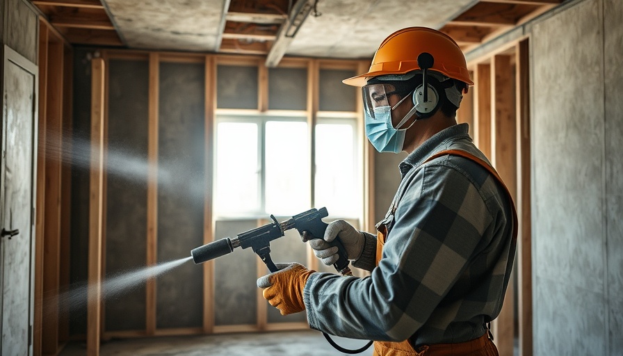 Construction worker spraying insulation in a building, indoor safety.