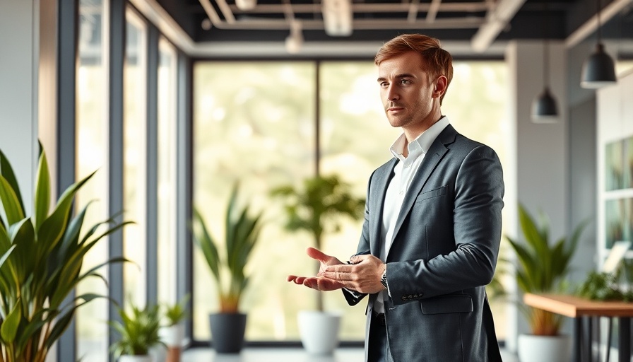 Modern office scene with professional discussing sustainability.