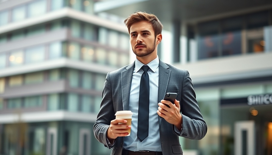 Well-dressed man walking outside with coffee and phone in urban area.