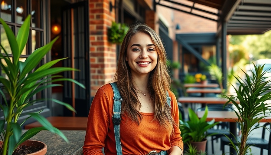 Casual young woman at outdoor café, confident smile, perfect for boutique fitness studio growth