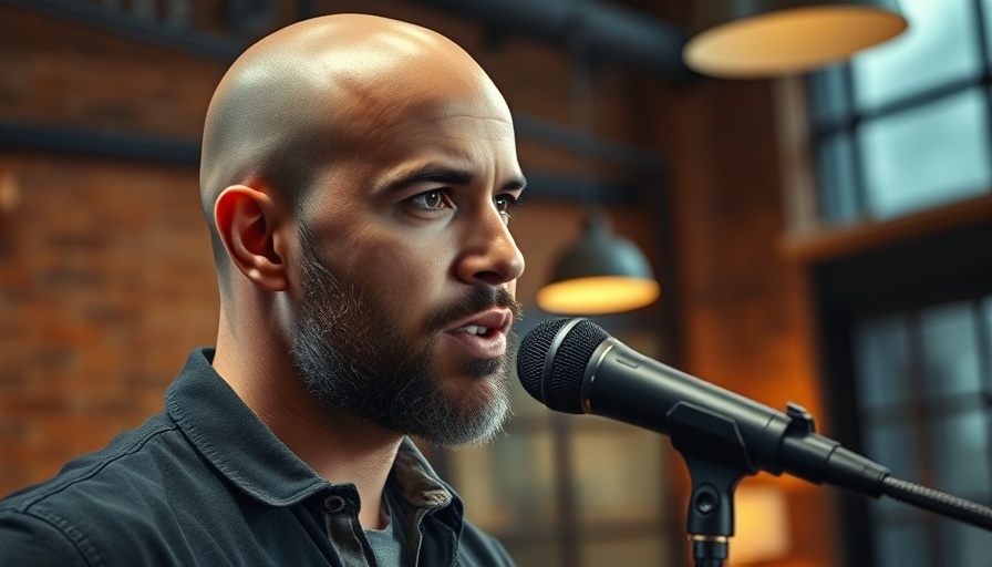 Bald man discussing fitness in a loft-style room.