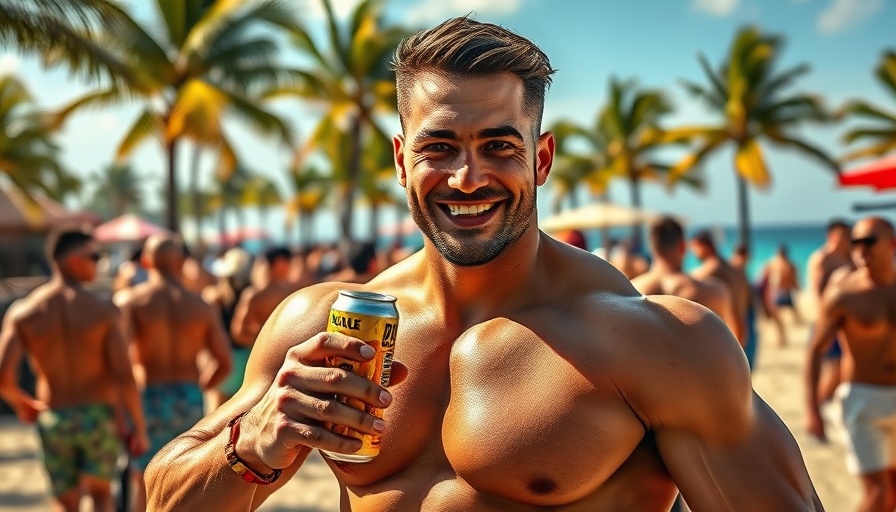 Muscular man posing at beach party for fitness journey motivation.