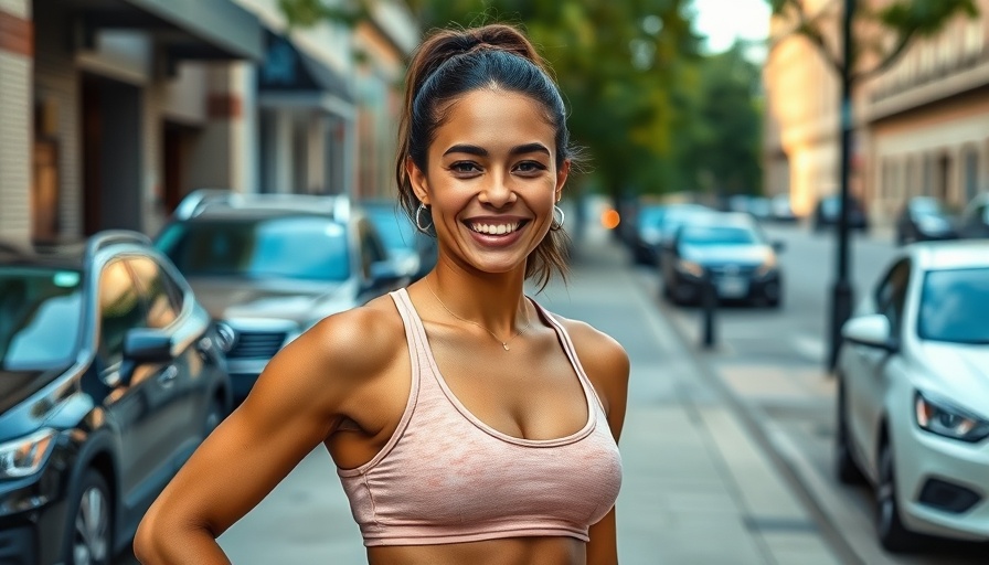 Fit woman smiling outdoors, fitness journey inspiration.