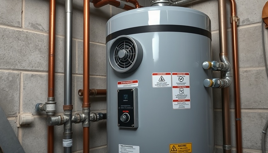 Modern gas water heater showing combustion air duct system in utility room.