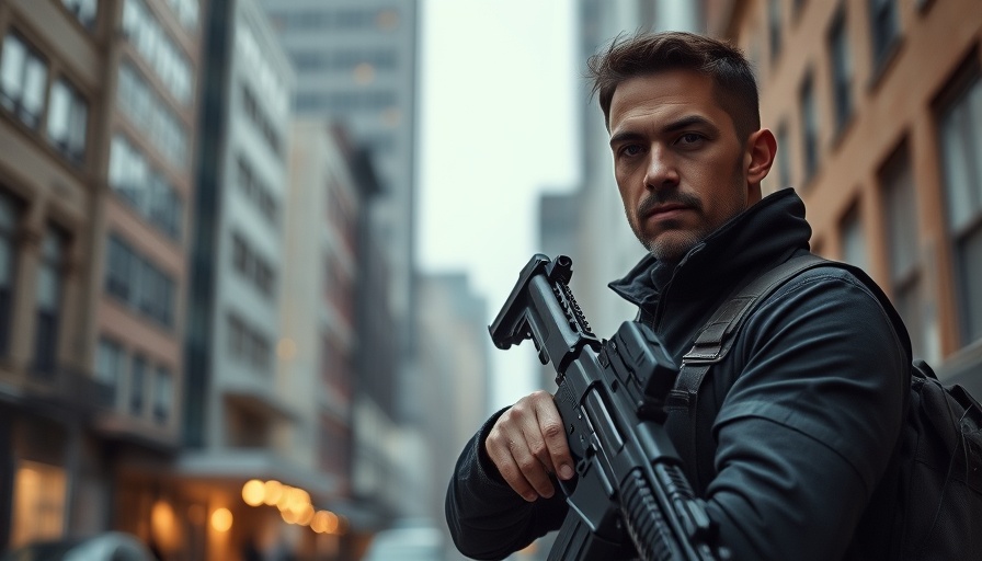 Imaginary portrayal of an armed citizen demonstrating vigilance in urban setting.
