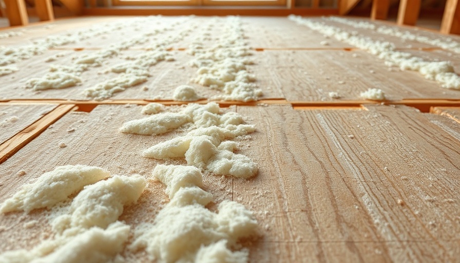 Close-up of insulating over subfloor with materials visible.