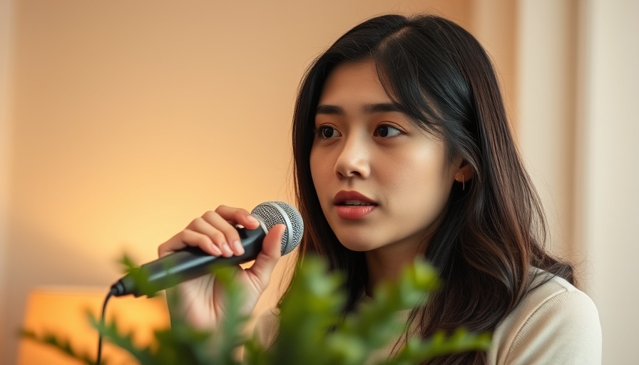 Woman in blue cap speaking into microphone, indoor setting.