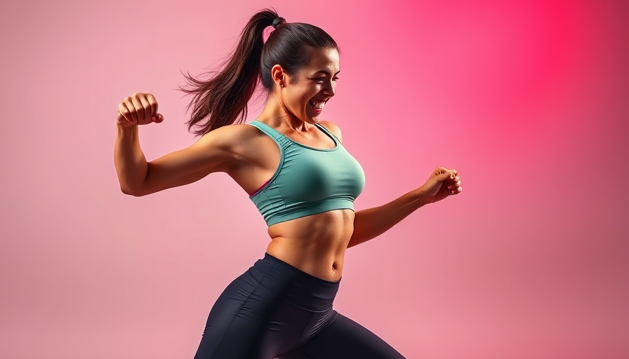Energetic woman in athletic wear posed vibrantly; Tonal NYC Studio Launch vibe.