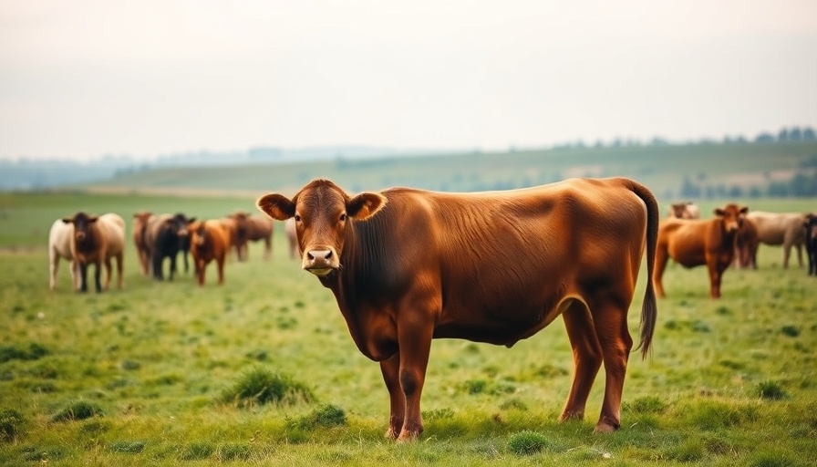 Large cow in expansive pasture promoting world's largest farms.