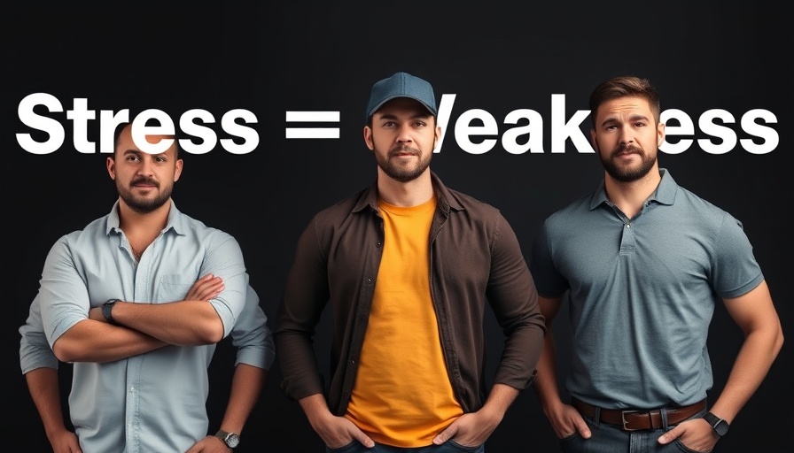 Three confident men with 'Stress ≠ Weakness' text, stress and muscle growth.