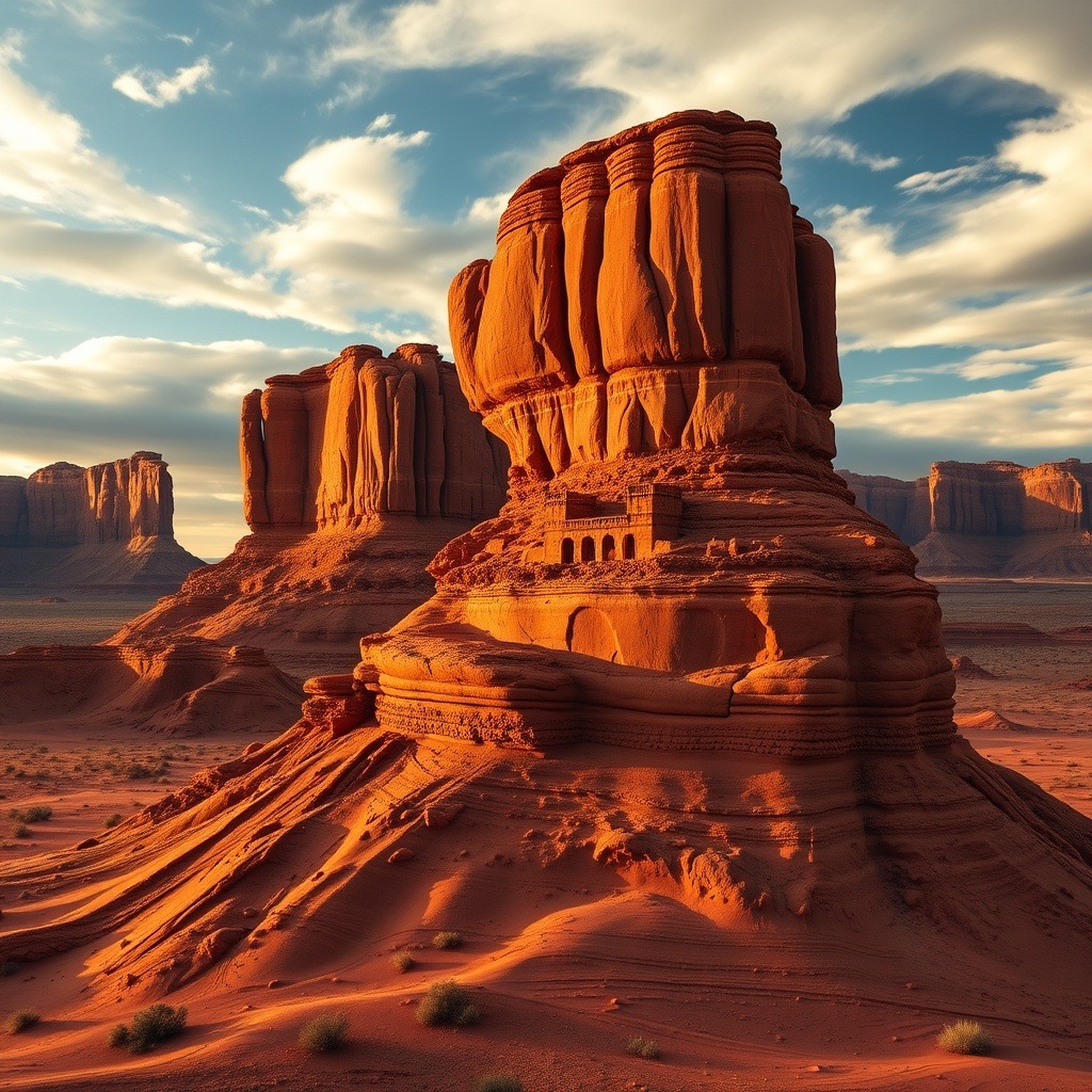 Dramatic sandstone formations and cliff dwellings under a desert sky in Monument Valley, Trail of the Ancients