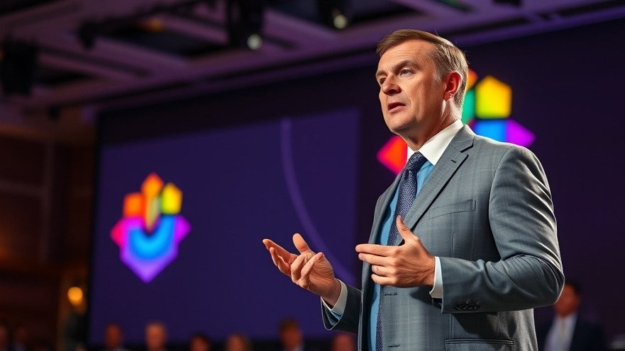 Man in grey suit presents at a corporate event on Domo and Agent Catalyst AI technology.