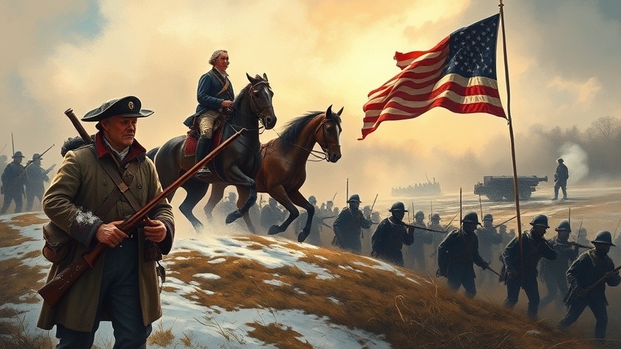 Continental soldier at Valley Forge with George Washington, symbolizing American independence.