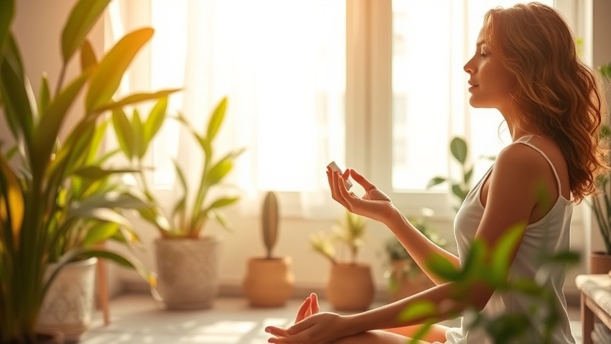 A person enhances wellness by applying skincare while meditating in a sunlit room with plants.