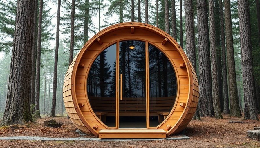 Modern barrel-shaped sauna in a forest, affordable outdoor saunas.