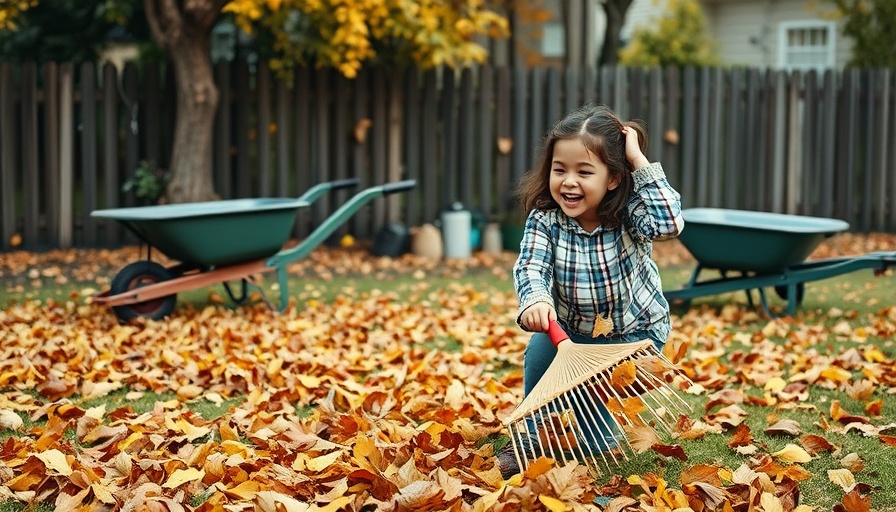 Mother and child enjoying autumn cleanup in a cozy backyard retreat.