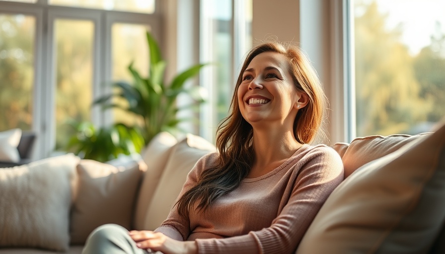Relaxed woman enjoying fresh indoor air quality in a sunlit room.