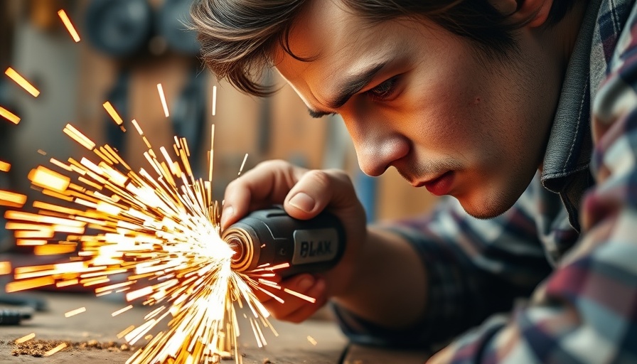 Close-up of person using a power tool in a workshop, sparks flying.