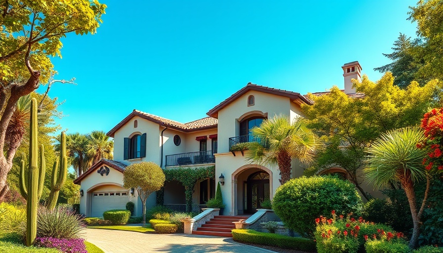 Elegant Mediterranean-style home showcasing lush landscaping.