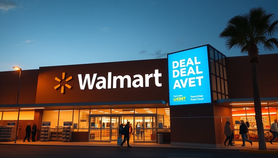 Walmart Deals Days vibrant deal alert sign on Walmart storefront at dusk.