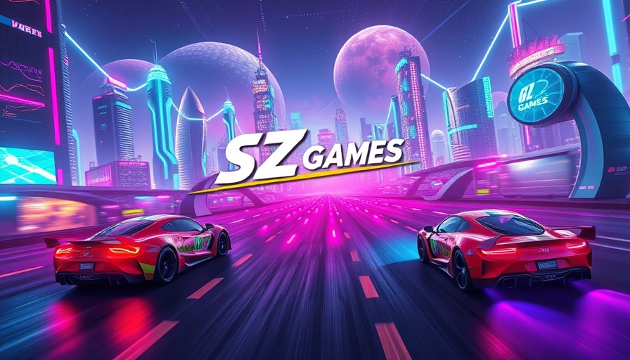 Futuristic gaming scene with SZ Games logo, neon vibes.