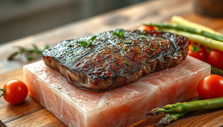 Juicy steak on Himalayan salt cooking block with vegetables.