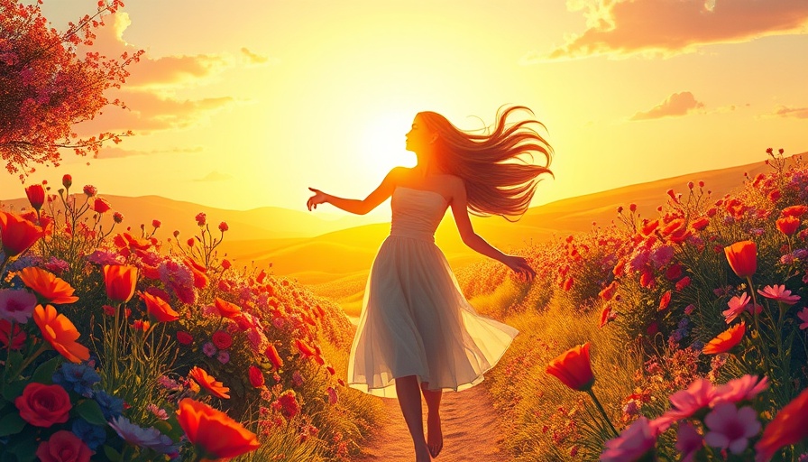 A woman reconnecting with nature on a vibrant floral path.