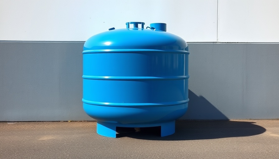 Winter garage storage mistakes: large blue propane tank outside in sunlight.