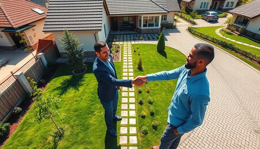 Real estate agent shaking hands with client in front of a modern house.