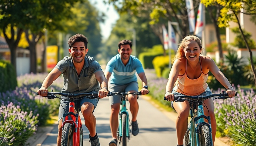 Cyclists enjoying community-centric living with vibrant nature