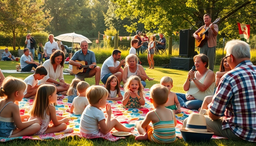 Children and parents enjoy an outdoor event with music setup.