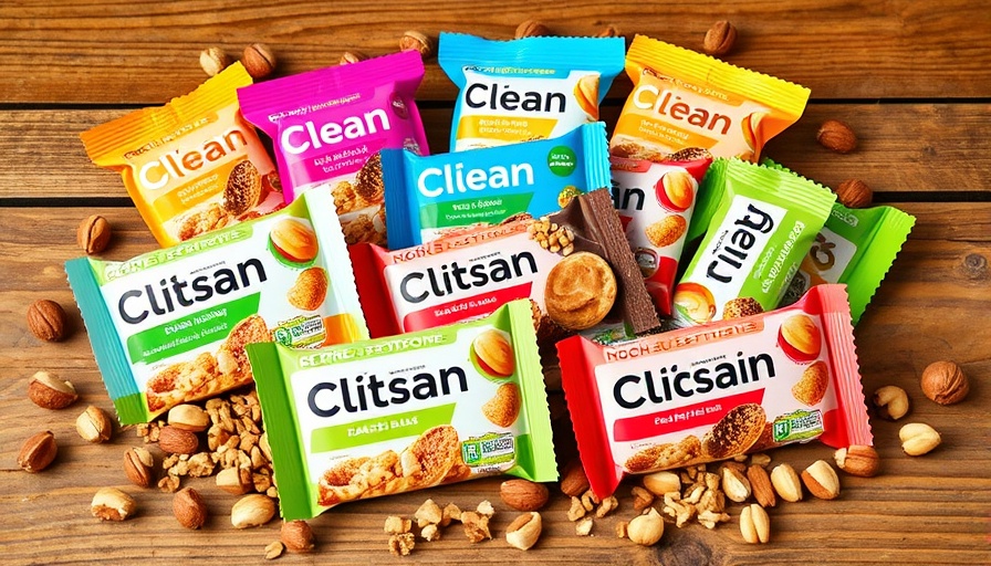 Colorful clean protein bars on wooden surface with nuts.