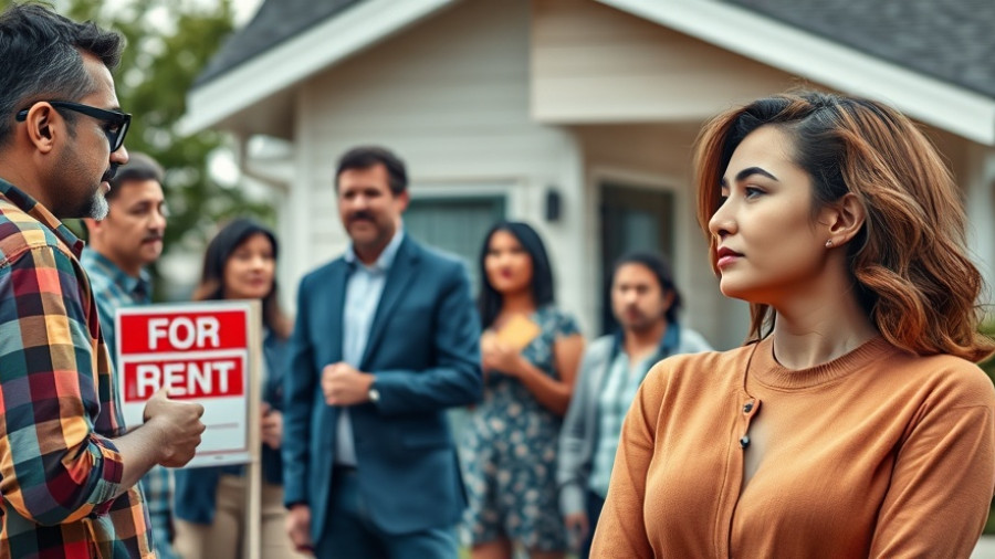 Colorful collage of people discussing rentals next to 'For Rent' sign.