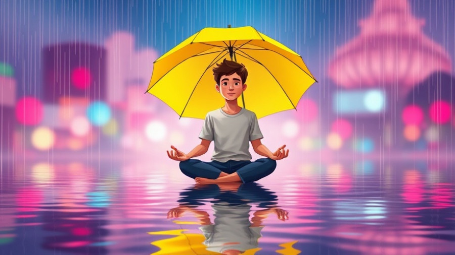 Finding Emotional Balance: Man meditates under umbrella in colorful rain.