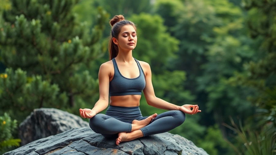 Serene woman in nature practicing meditation, wellness routine overburden.