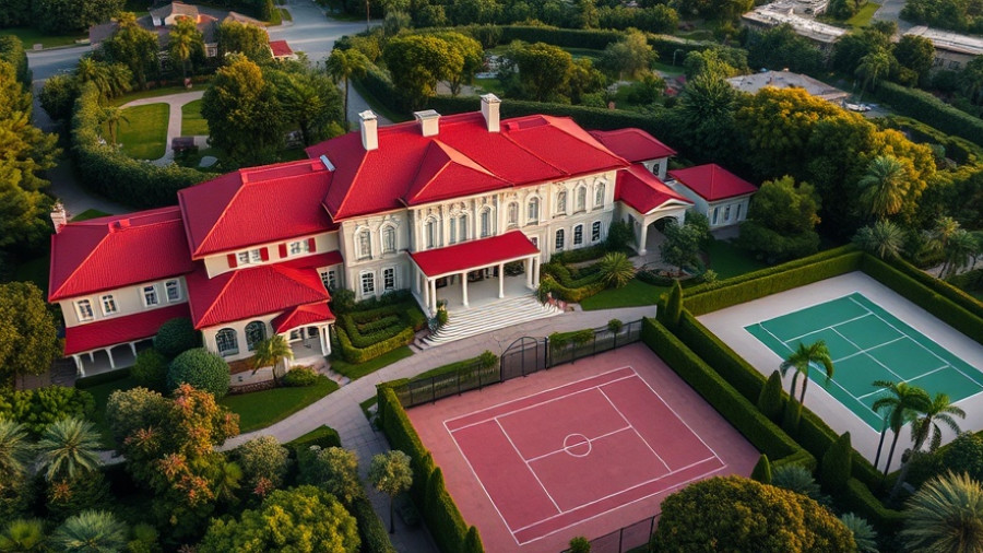 Aerial view of Ascot luxury mansion with lush gardens and tennis court.