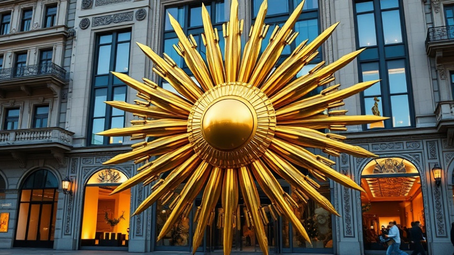 Dazzling golden sculpture outside luxury store, Compass Anywhere merger impact.