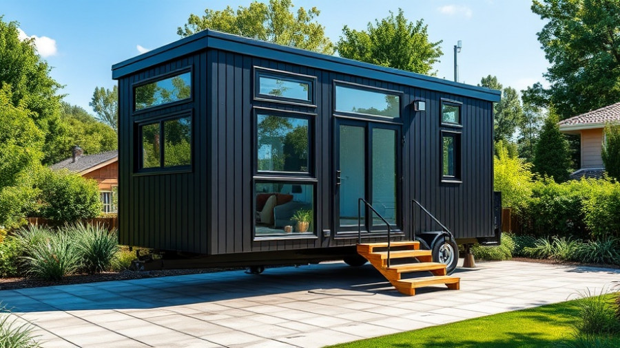 Black modern tiny house on stilts with large windows on a patio.