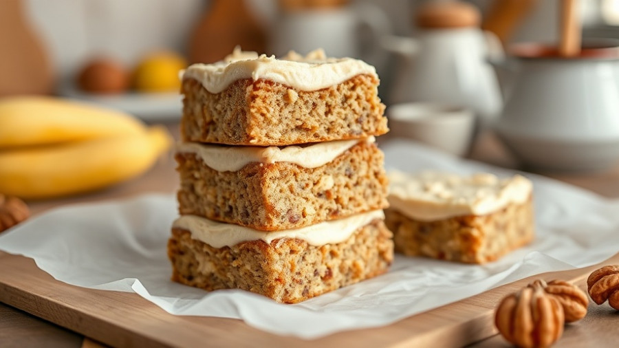 Healthy Banana Nut Cake Bars with creamy frosting on white paper.