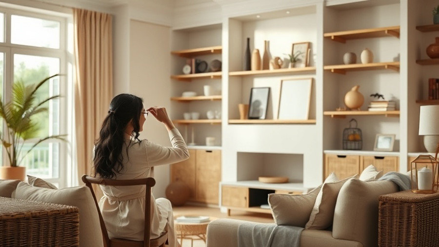 Woman styling bookshelf in chic living room, emphasizing decor aesthetics.