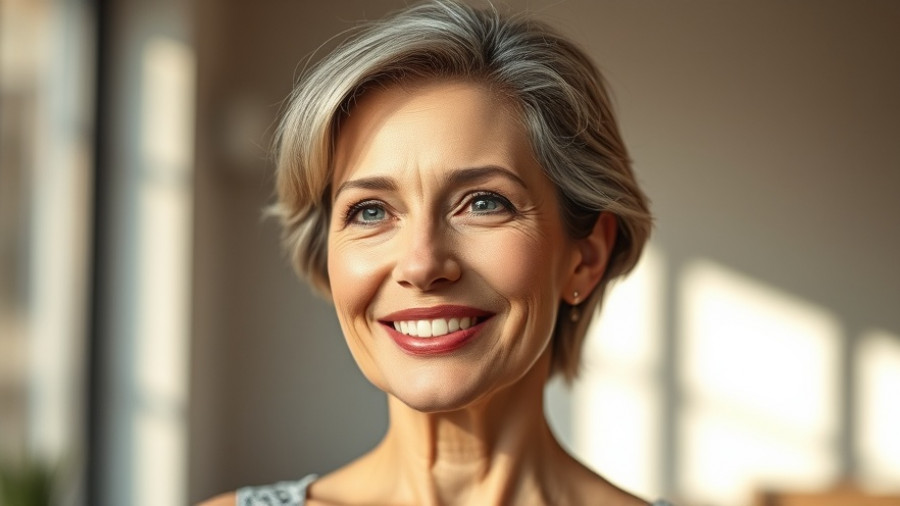 Elegant woman smiling inside, showcasing confidence.
