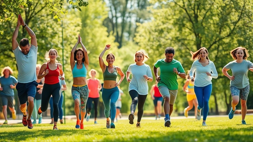 Diverse individuals practicing wellness through yoga, running, and weightlifting outdoors.