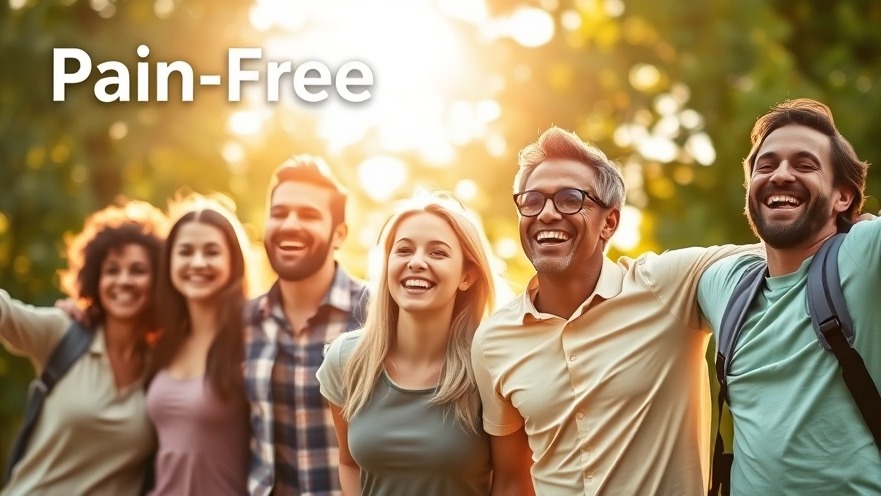 Diverse individuals embracing pain relief outdoors, smiling under serene sunlight.