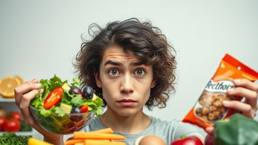 A person conflicted between a colorful salad and a processed snack, highlighting misleading health labels.