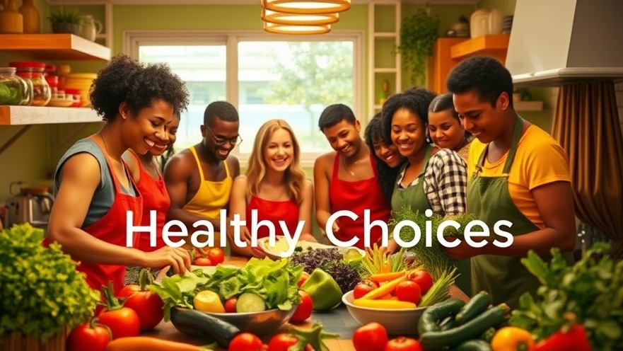 Joyful people preparing a colorful salad with healthy foods in a vibrant kitchen.