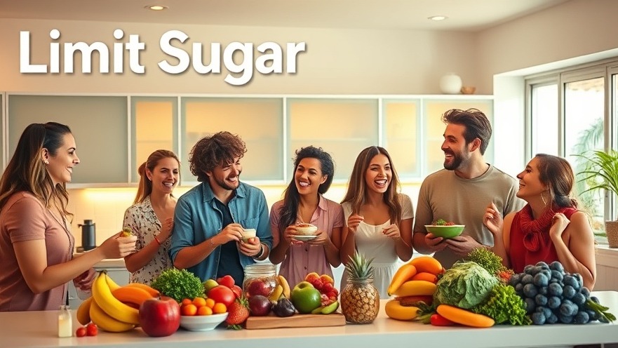 Healthy eating scene with laughter, vibrant meals, and fresh fruits. Limit Sugar.