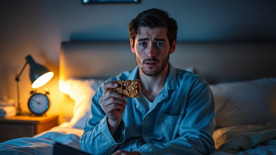 Frustrated person in pajamas holding a granola bar, snacking before bedtime.