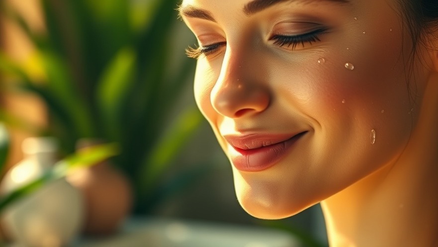 Glowing face with affordable skincare lotion, surrounded by serene spa greenery.