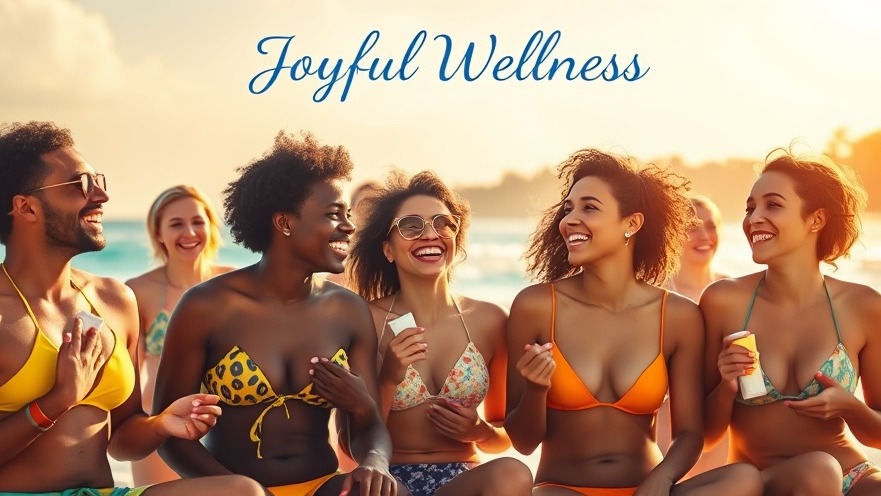 Diverse individuals enjoying health and wellness skincare with joyful sunscreen at the beach.
