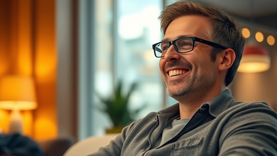 Smiling male sharing eye injury recovery experience after advanced eye surgery.